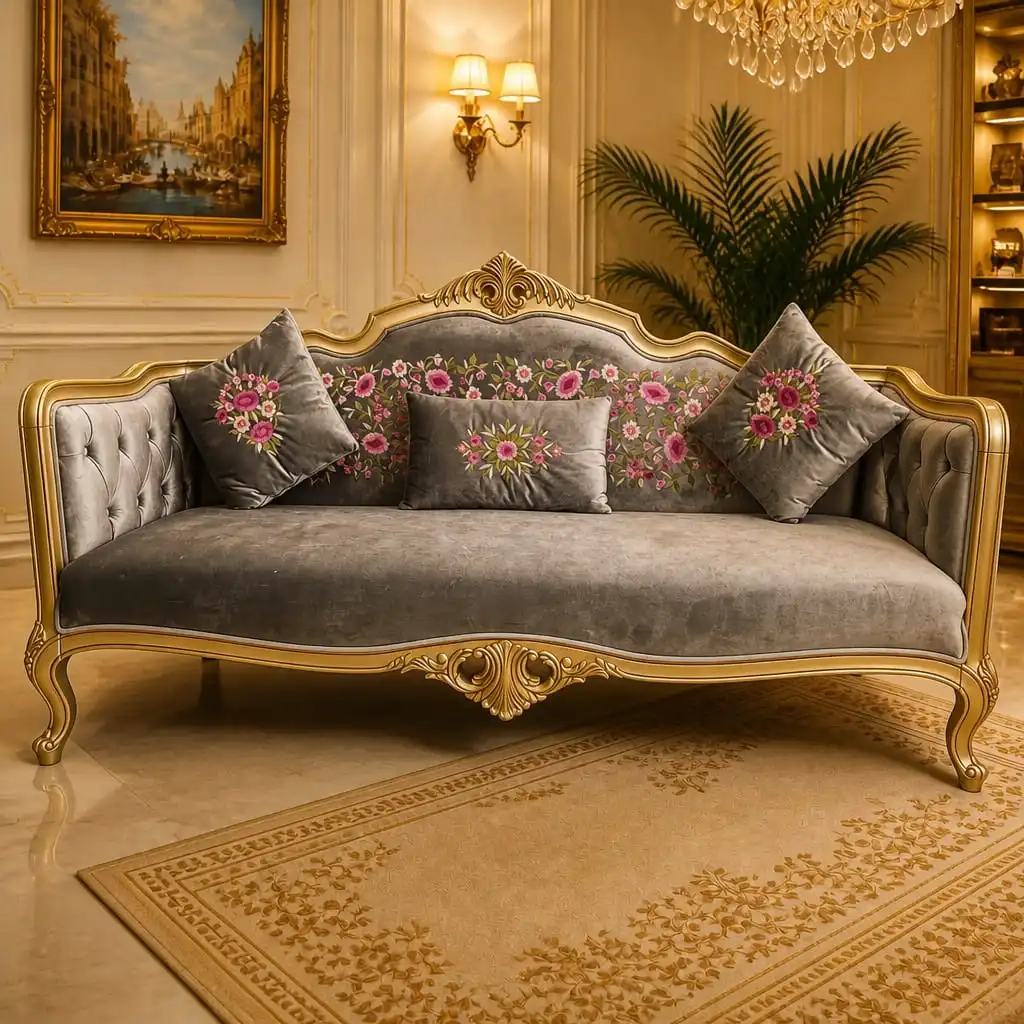 Floral Embroidery Three-Seater